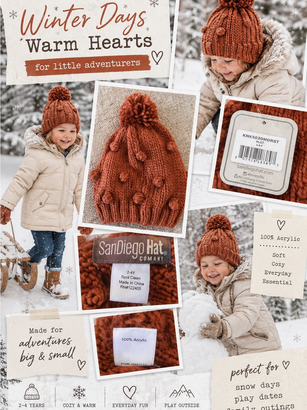 San Diego Hat Company Kids Pom Pom Beanie - Rust